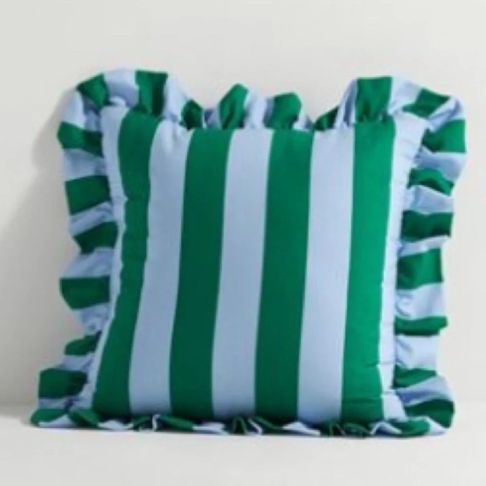 Anthropologie Green and Blue Patio Pillow with Ruffled Edges